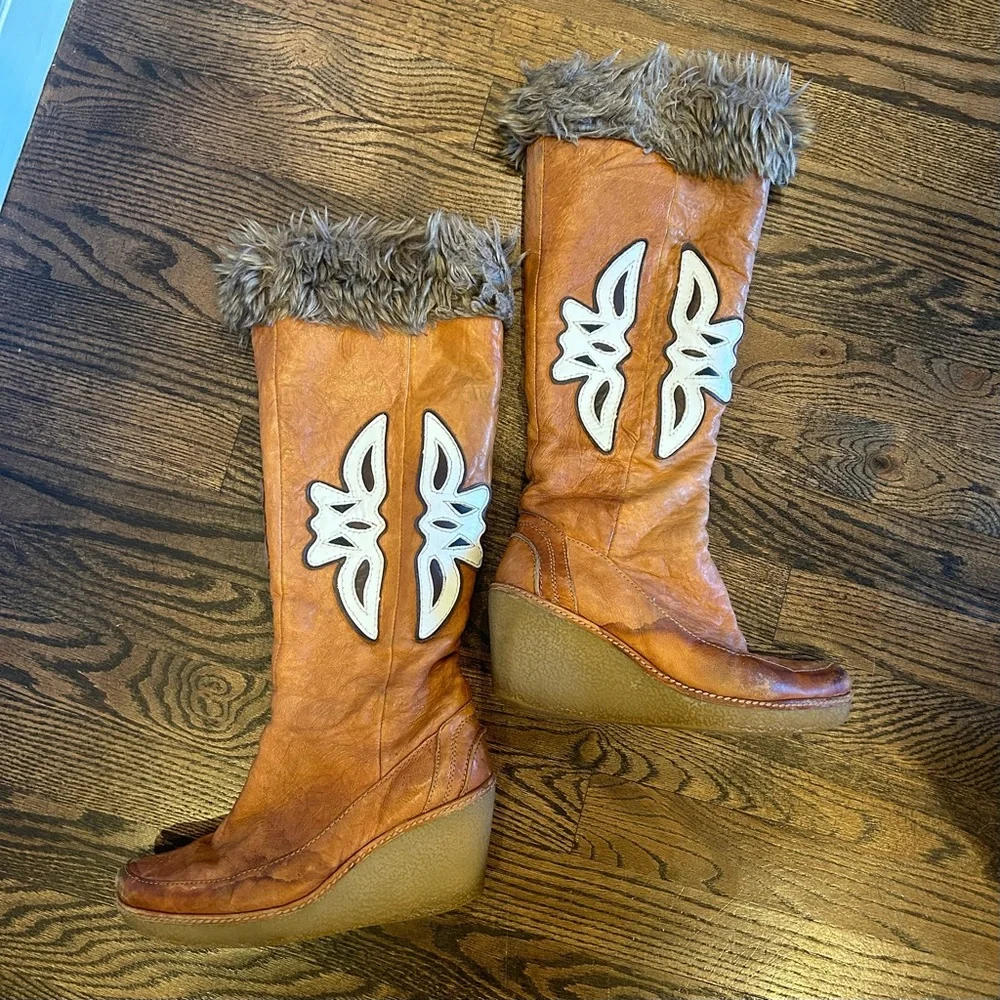 70s Fur Lined Brown Leather Platform Wedge Boots - Picture 2 of 6
